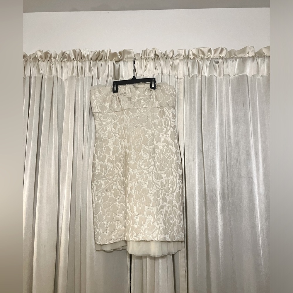NOTICE | Cream Metallic Gold Brocade Wool Blend Bandeau Strapless Mini Dress